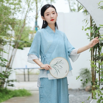 Top od pamuka-lina s mandarin ovratnikom, kineskog stila, širokog kroja; ženski set s širokim hlačama — Vinylon vlakno, OEM prerada, proljeće 2022