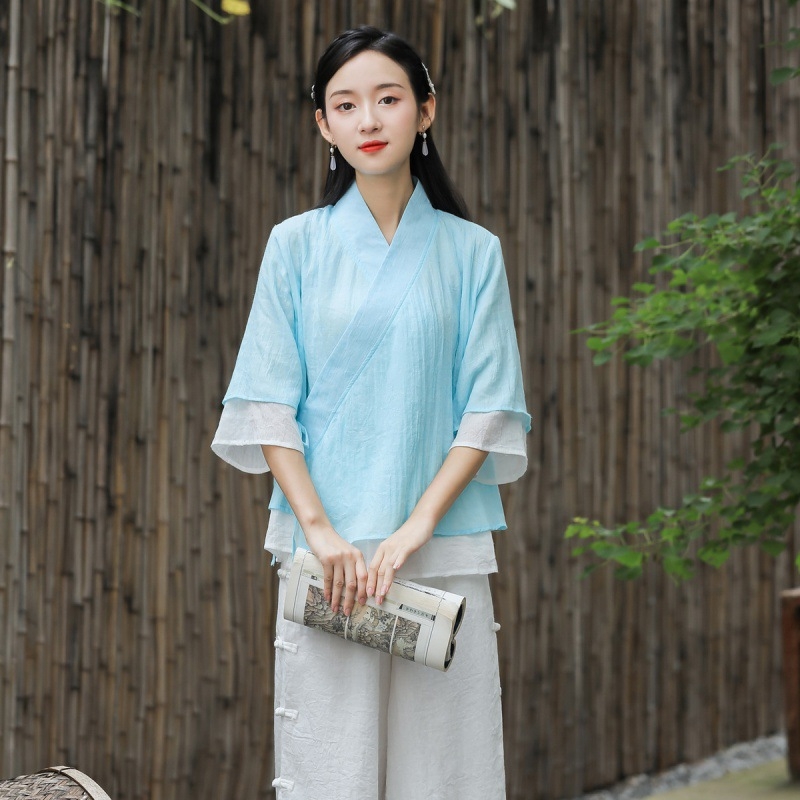 Top od pamuka-lina s mandarin ovratnikom, kineskog stila, širokog kroja; ženski set s širokim hlačama — Vinylon vlakno, OEM prerada, proljeće 2022