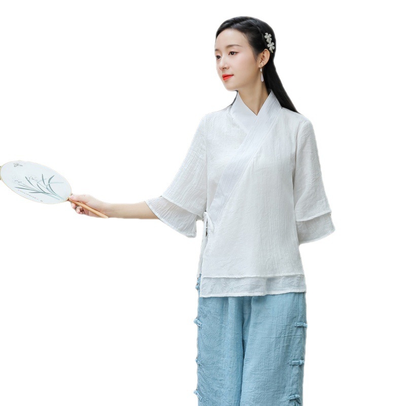 Top od pamuka-lina s mandarin ovratnikom, kineskog stila, širokog kroja; ženski set s širokim hlačama — Vinylon vlakno, OEM prerada, proljeće 2022
