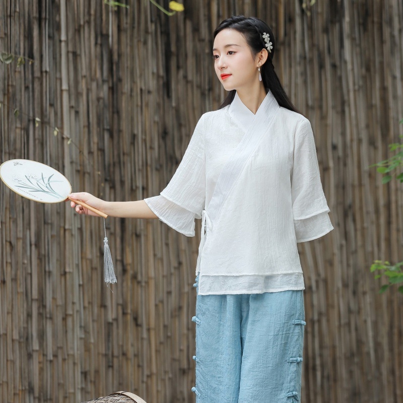 Top od pamuka-lina s mandarin ovratnikom, kineskog stila, širokog kroja; ženski set s širokim hlačama — Vinylon vlakno, OEM prerada, proljeće 2022