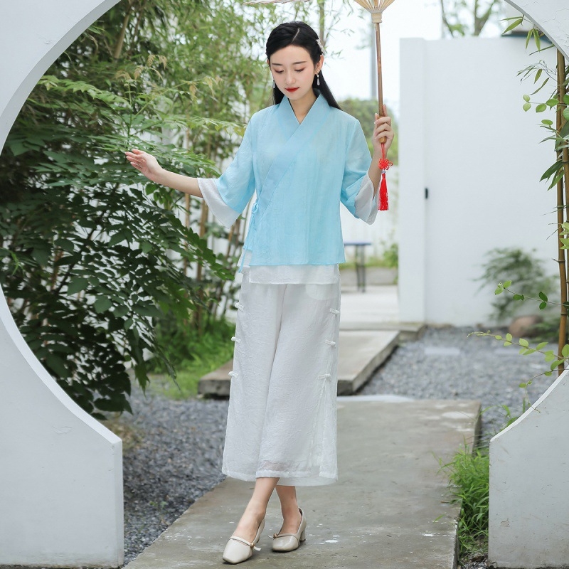 Top od pamuka-lina s mandarin ovratnikom, kineskog stila, širokog kroja; ženski set s širokim hlačama — Vinylon vlakno, OEM prerada, proljeće 2022