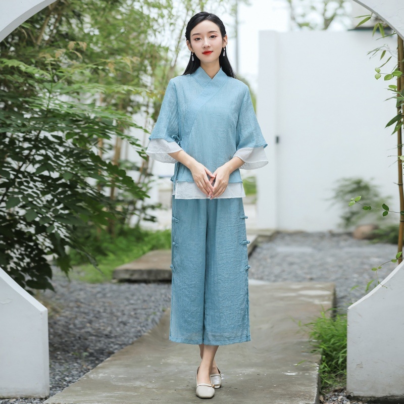 Top od pamuka-lina s mandarin ovratnikom, kineskog stila, širokog kroja; ženski set s širokim hlačama — Vinylon vlakno, OEM prerada, proljeće 2022