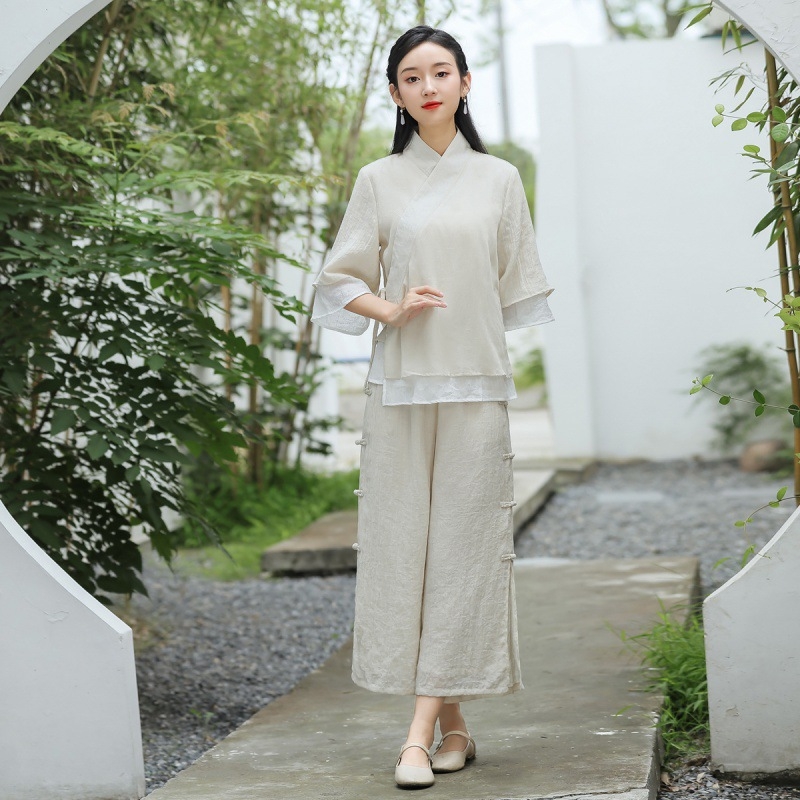 Top od pamuka-lina s mandarin ovratnikom, kineskog stila, širokog kroja; ženski set s širokim hlačama — Vinylon vlakno, OEM prerada, proljeće 2022