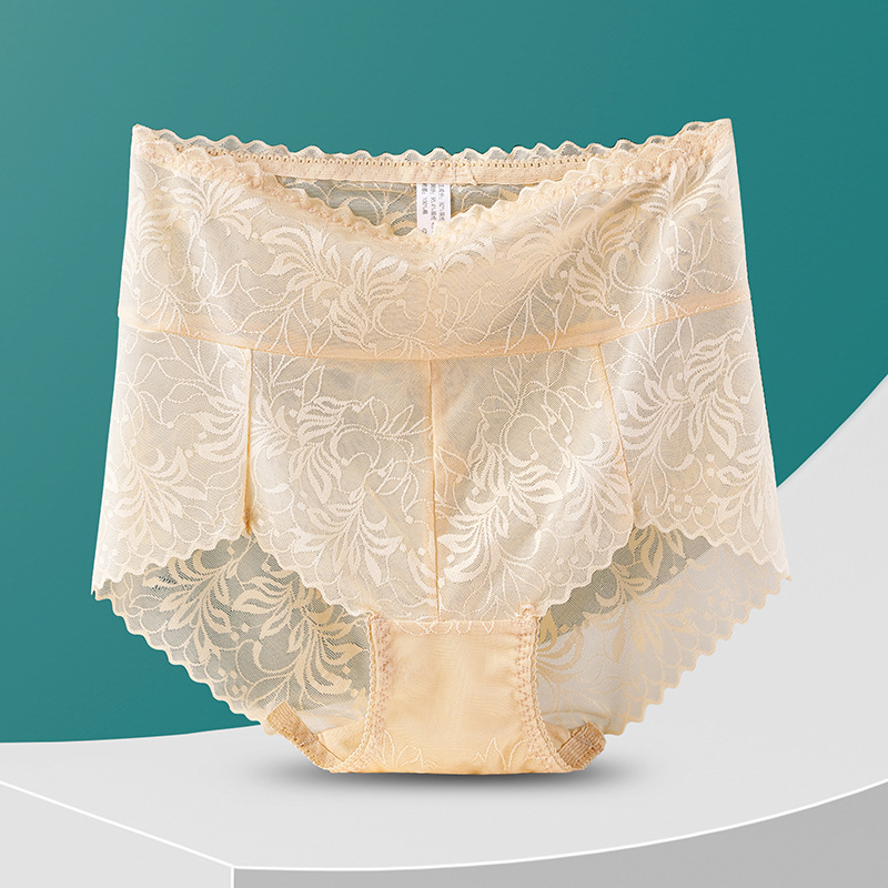 Ženske gaćice s visokim strukom od čipke s jacquard uzorkom s cvjetnim uzorkom, oblikovanje tijela i podizanje bedara; glavni materijal najlon, pamukova podstava