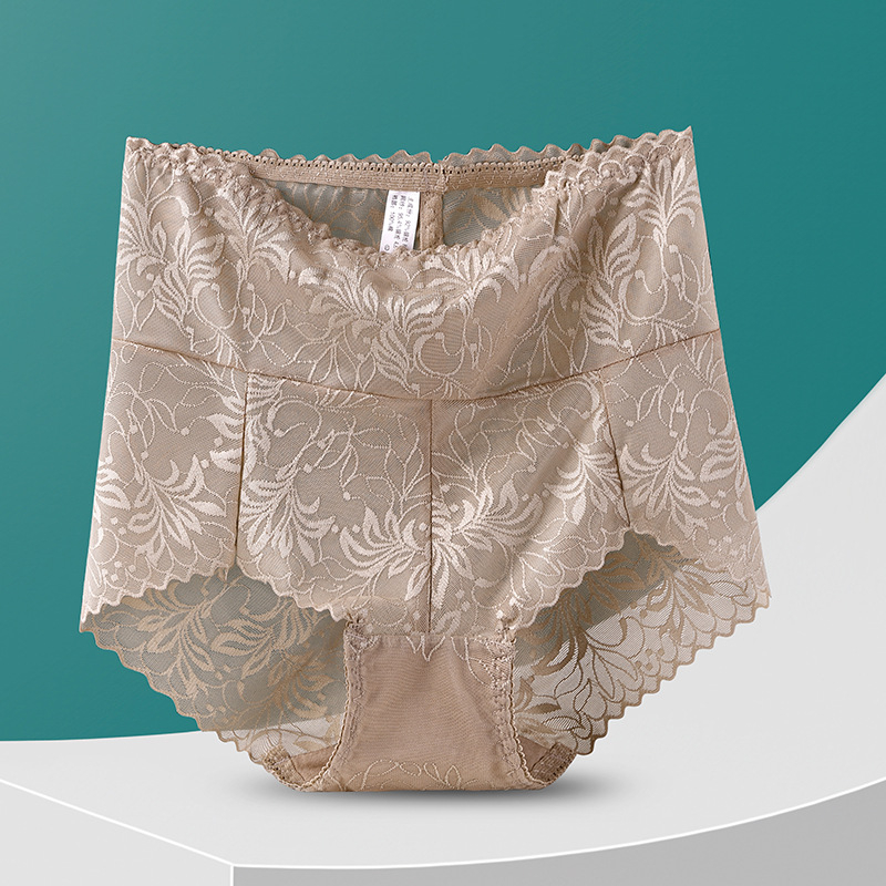 Ženske gaćice s visokim strukom od čipke s jacquard uzorkom s cvjetnim uzorkom, oblikovanje tijela i podizanje bedara; glavni materijal najlon, pamukova podstava