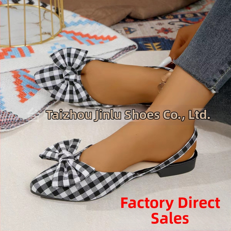Ženske udobne cipele s oštrim nosom, uzorak houndstooth, platneni gornji dio, niska peta 1–3 cm