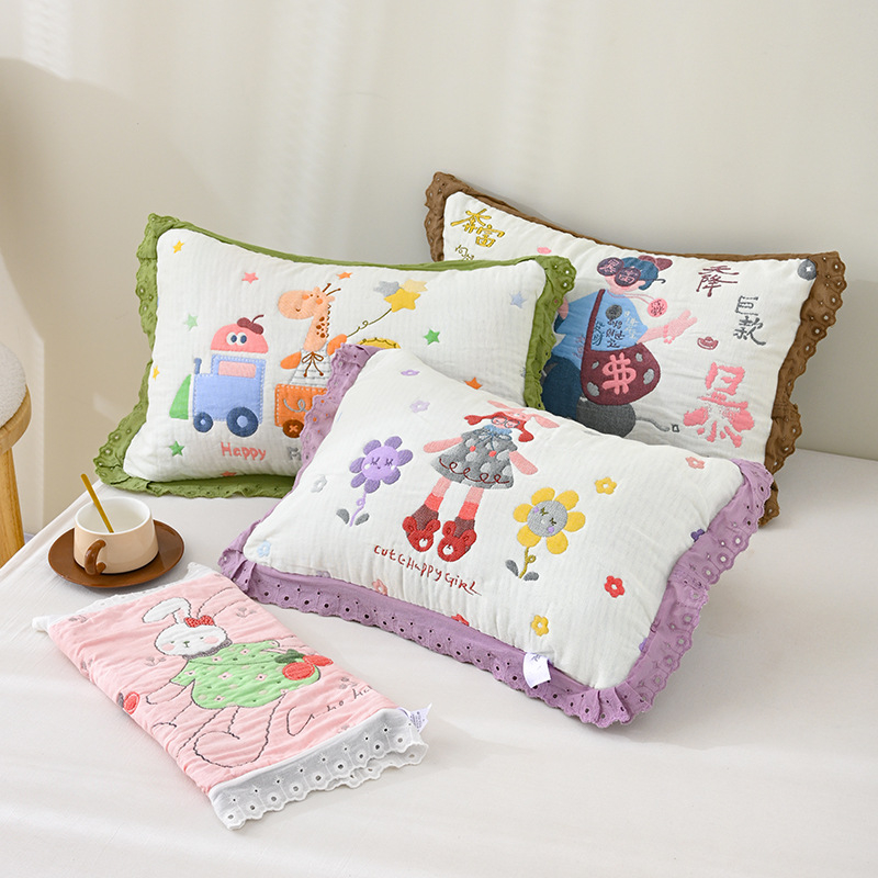 Dječja jastučnica | pamuk gazna tkanina, Jacquard tkanina, reaktivna tisk, dizajn s likom crtića i čipke, mekana i prozračna, upija znoj