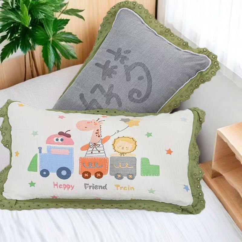 Dječja jastučnica | pamuk gazna tkanina, Jacquard tkanina, reaktivna tisk, dizajn s likom crtića i čipke, mekana i prozračna, upija znoj