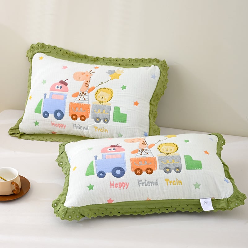 Dječja jastučnica | pamuk gazna tkanina, Jacquard tkanina, reaktivna tisk, dizajn s likom crtića i čipke, mekana i prozračna, upija znoj
