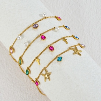 Bohemiska stila nerūsējošā tērauda potītes ankleta ar krāsainu cirkonu krustu, 18K zelta pārklājums, personalizēts dizains