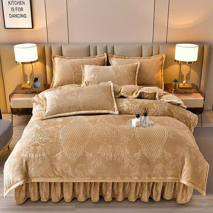 Zimska dvostruka posteljna suknja od mliječne veluru, četverodijelni set, 8D trodimenzionalna gravura, kemijska vlakna, težina ispod 500 g, moderni minimalistički stil