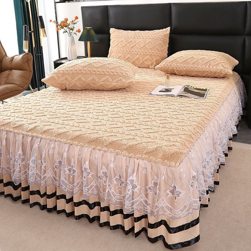 Voodi kattem piima veluuri ja akrüülkiududest, monokroomne muster, Twill õmblus, printsessi stiil