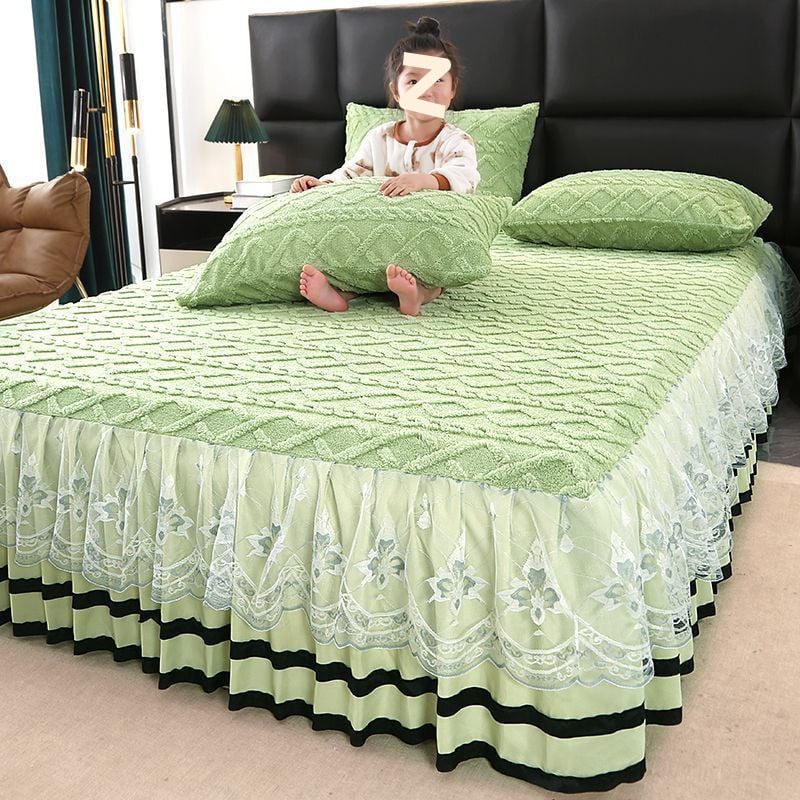 Voodi kattem piima veluuri ja akrüülkiududest, monokroomne muster, Twill õmblus, printsessi stiil