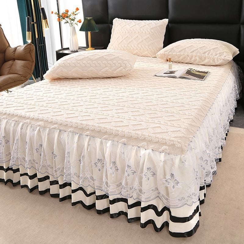 Voodi kattem piima veluuri ja akrüülkiududest, monokroomne muster, Twill õmblus, printsessi stiil