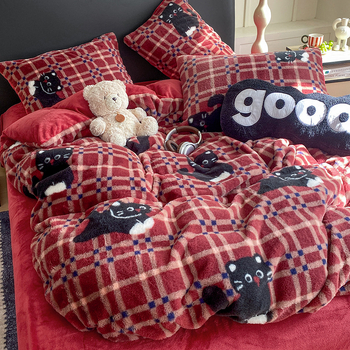 Četverodijelni set posteljine od pliša s kvadratnim uzorkom, zimski, 5000 g i više