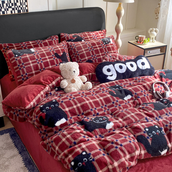 Četverodijelni set posteljine od pliša s kvadratnim uzorkom, zimski, 5000 g i više