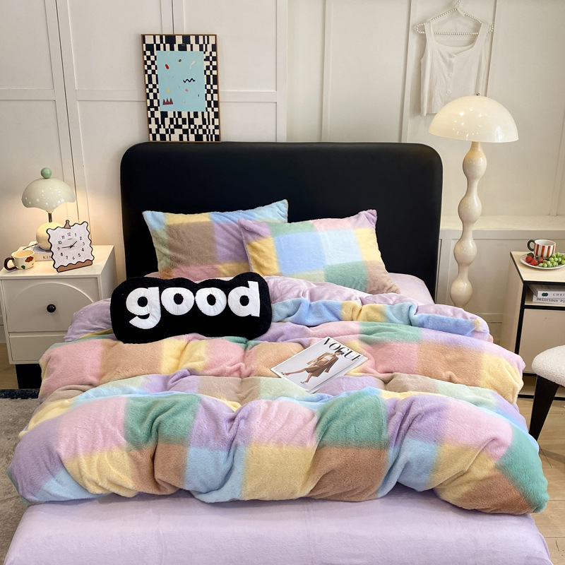 Četverodijelni set posteljine od pliša s kvadratnim uzorkom, zimski, 5000 g i više