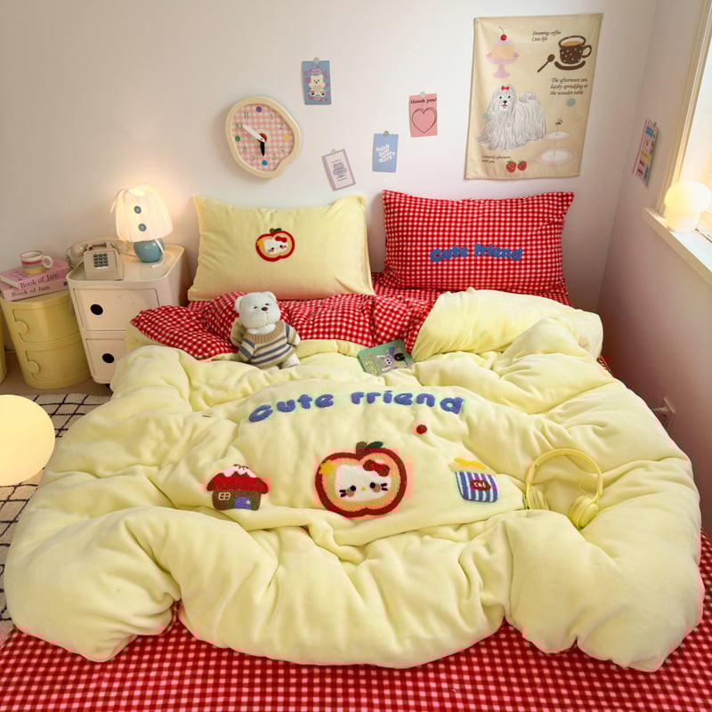 Piimavelluri voodipesu komplekt tikanditega, neli tükki, rätikute tikandid, reaktiivne värvimine, kaal 500–800 g, mustrid: tähed taevas, geomeetria, vikerkaar, multikas