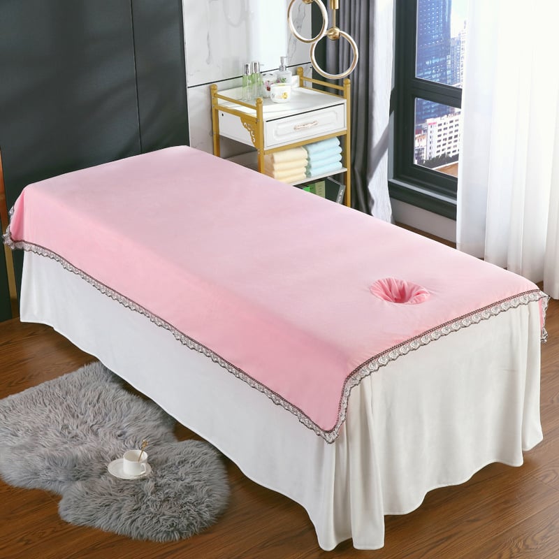 Kristallilise sametiga massaažilaudade voodilin ilusalongidele, korallflis massaažilaudade voodilin, paks ja soe; Kudumine Twill, Harjamine; Materjal Kristall-samet; Muster Ühekordne; Kaal <300 g; Trükkimine Reaktiivne