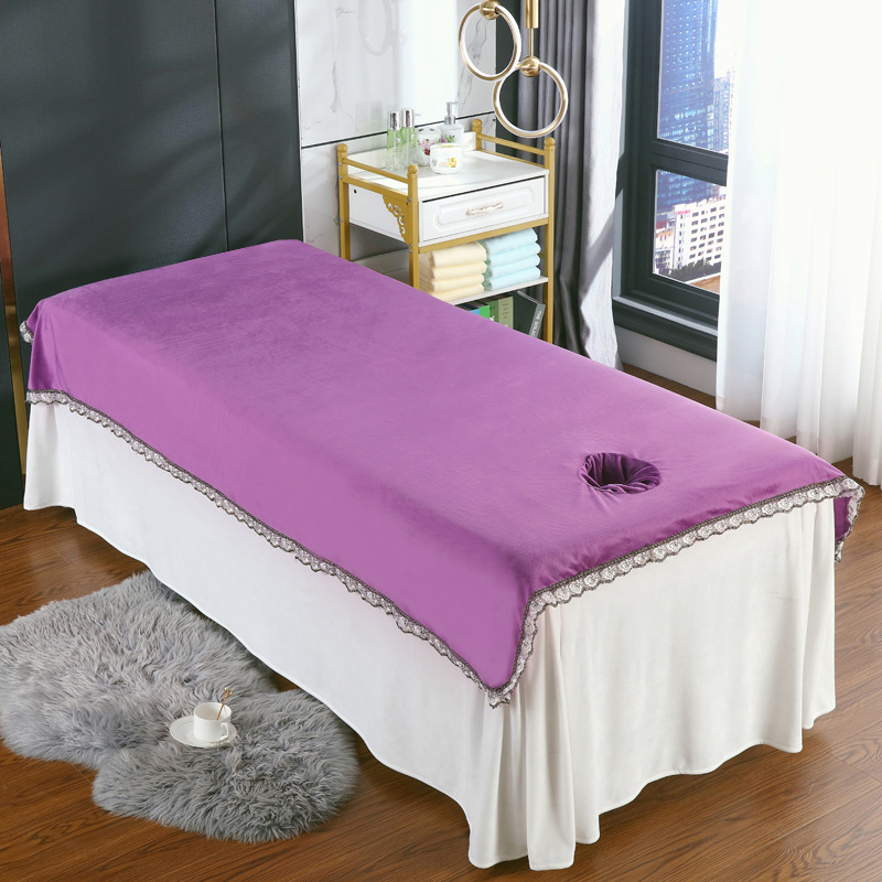 Kristallilise sametiga massaažilaudade voodilin ilusalongidele, korallflis massaažilaudade voodilin, paks ja soe; Kudumine Twill, Harjamine; Materjal Kristall-samet; Muster Ühekordne; Kaal <300 g; Trükkimine Reaktiivne