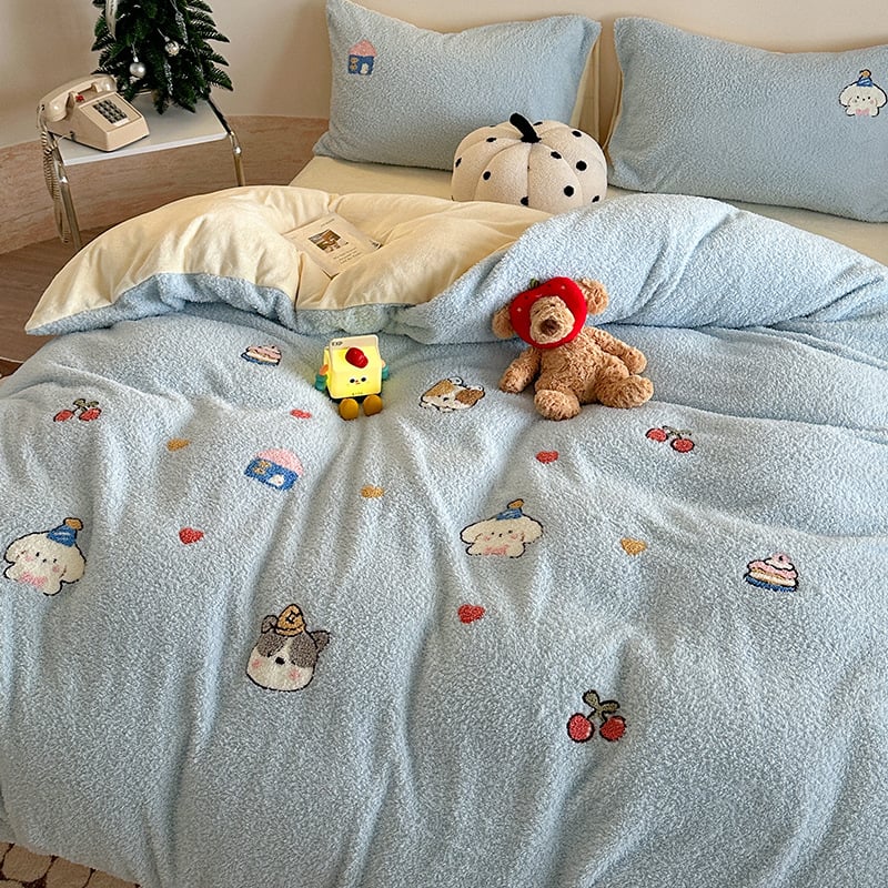 Piima sametist neljaosaline voodipesu komplekt pingviini motiiviga, tikitud ja trükitud, põhjama stil