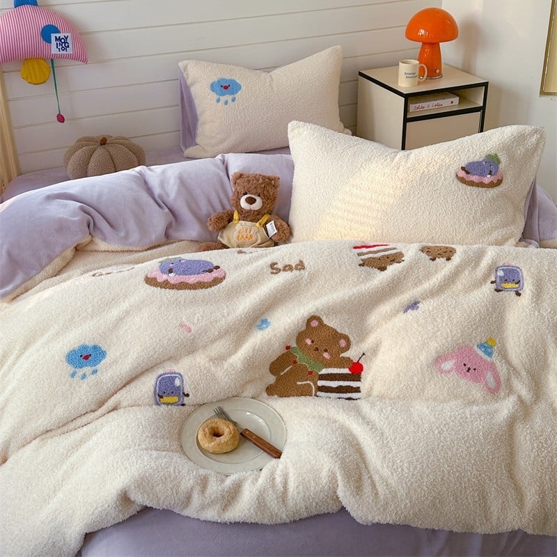 Piima sametist neljaosaline voodipesu komplekt pingviini motiiviga, tikitud ja trükitud, põhjama stil