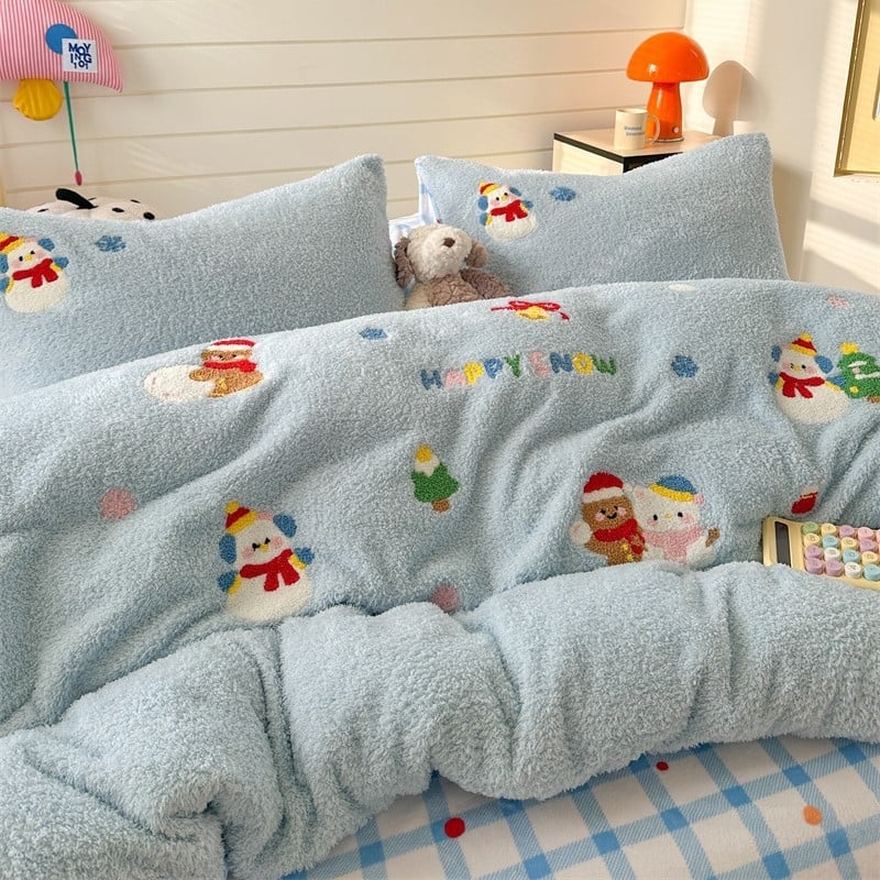 Piima sametist neljaosaline voodipesu komplekt pingviini motiiviga, tikitud ja trükitud, põhjama stil