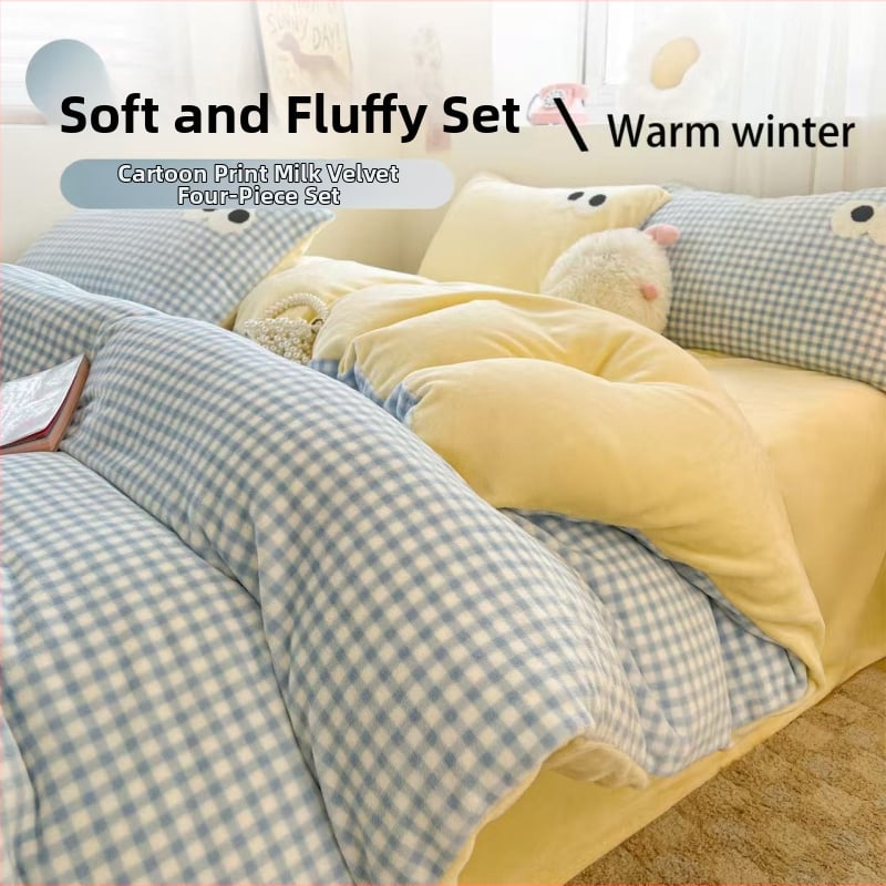 Piimavilluurist nelinukselise voodipesu komplekt neljaosaga; muster: ühtlane, ruutu; reaktiivne trükkimine ja värvimine; materjal: piimavilluur.