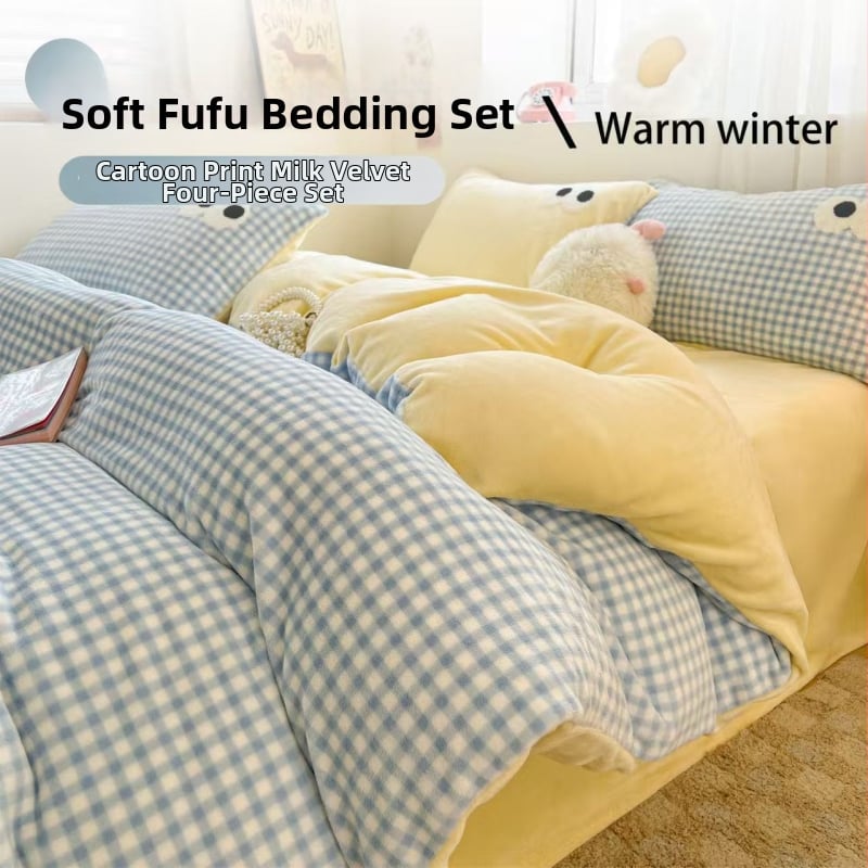 Piimavilluurist nelinukselise voodipesu komplekt neljaosaga; muster: ühtlane, ruutu; reaktiivne trükkimine ja värvimine; materjal: piimavilluur.