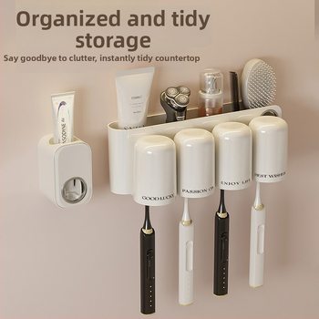 Държач за четки за зъби, стенен монтаж, без пробиване, пластмасов, слот за паста