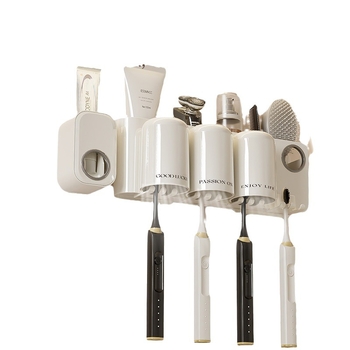 Държач за четки за зъби, стенен монтаж, без пробиване, пластмасов, слот за паста