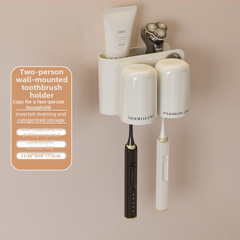 Държач за четки за зъби, стенен монтаж, без пробиване, пластмасов, слот за паста