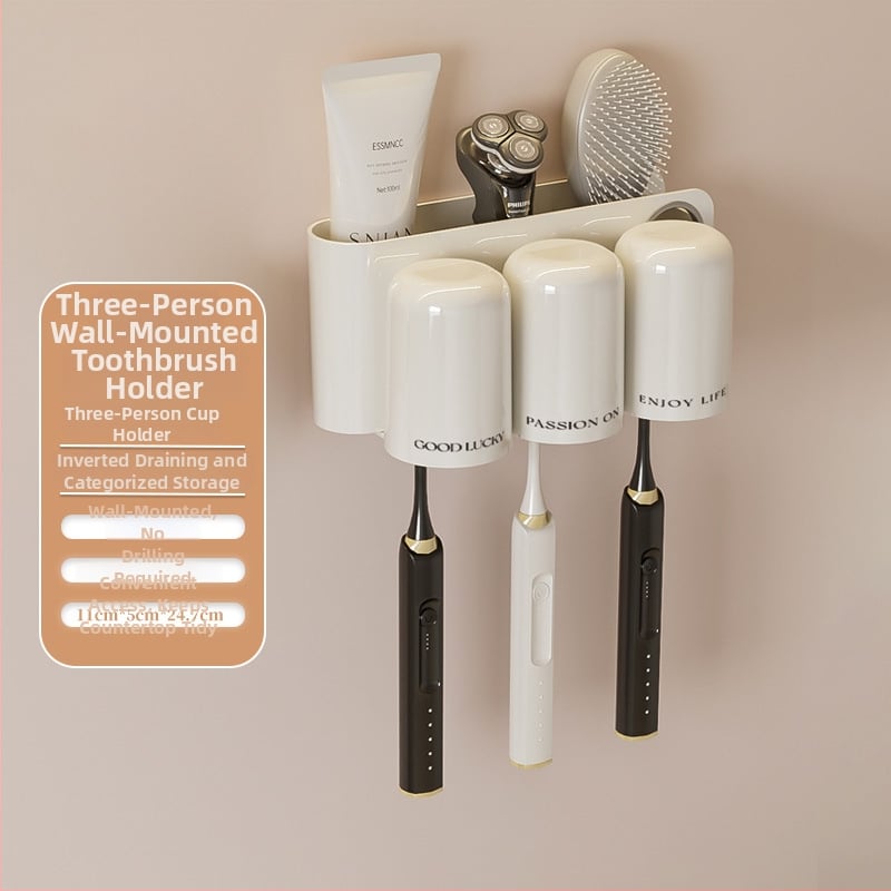 Държач за четки за зъби, стенен монтаж, без пробиване, пластмасов, слот за паста