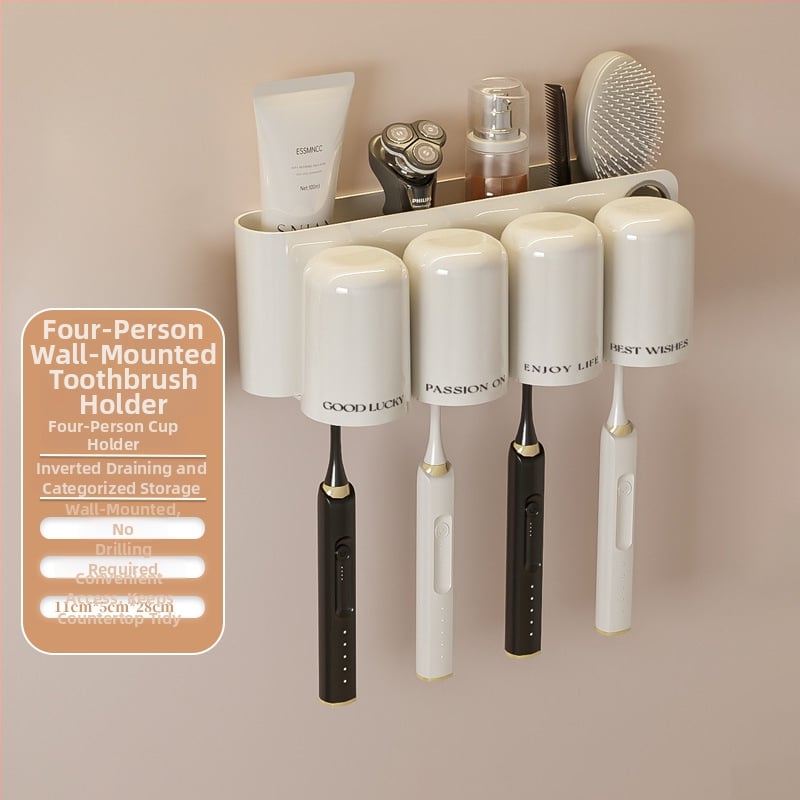 Държач за четки за зъби, стенен монтаж, без пробиване, пластмасов, слот за паста