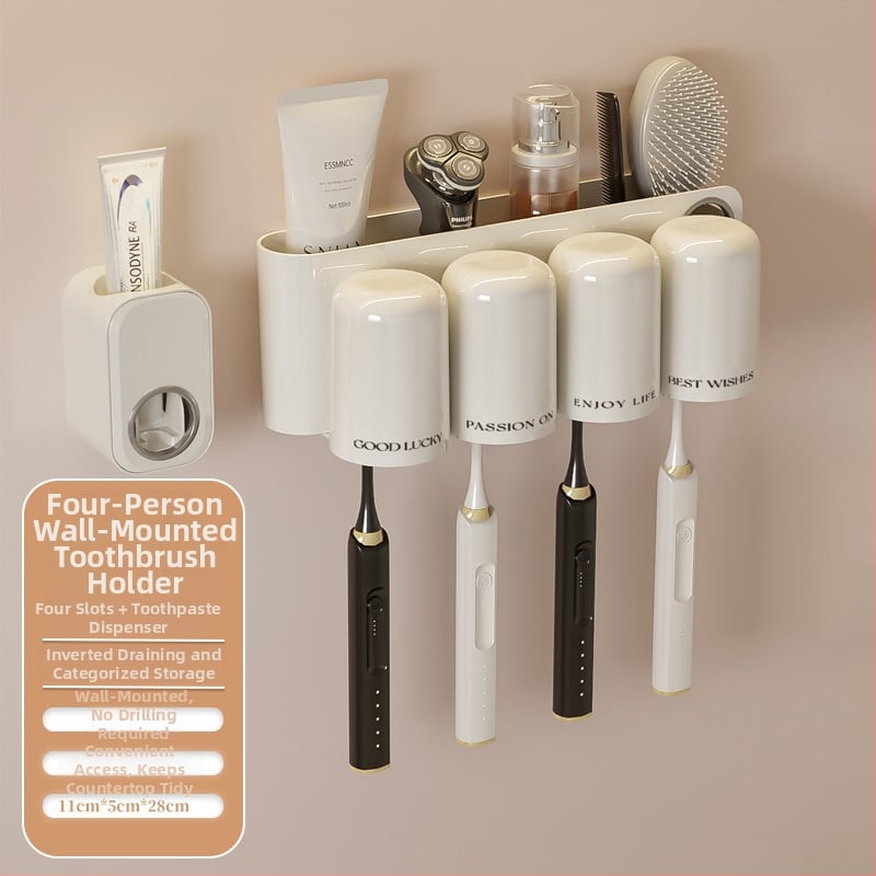 Държач за четки за зъби, стенен монтаж, без пробиване, пластмасов, слот за паста