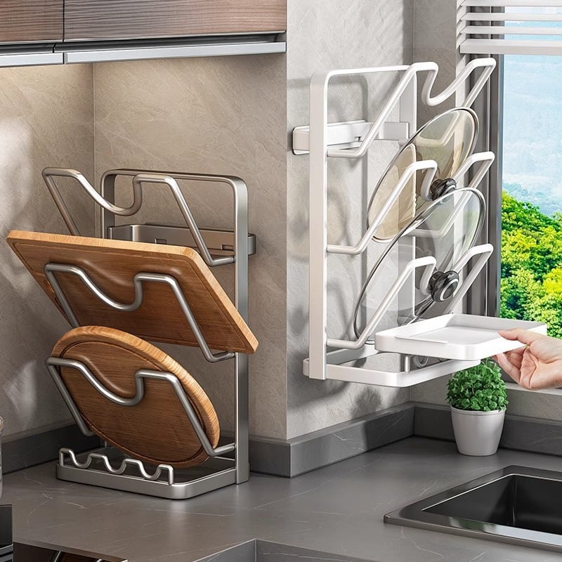 Seinale paigaldatav köögikorraldaja pannide kaante ja lõikelauale, ilma puurimata, süsinikterasest