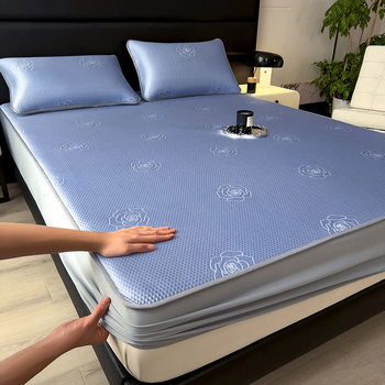 Kolm-osaline Ice Silk Mat ja elastne voodilinad — suvine jahe, viskoosi materjal, trükitud kangas, moodne hiina stiil