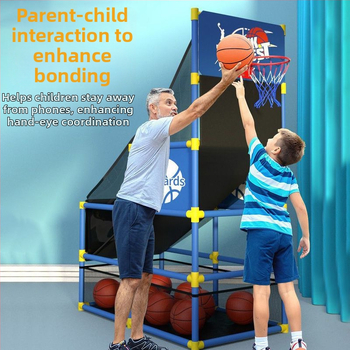 Παιδικό στηριγμα μπάσκετ με μηχανή προπόνησης σουτ, κατάλληλη για εξωτερικούς και εσωτερικούς χώρους, ρυθμιζόμενο ύψος, περιλαμβάνει στεφάνι, δίχτυ και πίνακα πίσω