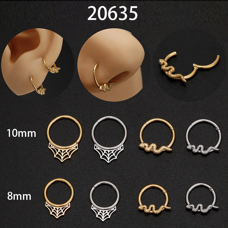 Nosni prsten s motivom paučine i zmije, nehrđajući čelik, ručna izrada, zatvoren prsten, unisex piercing nakit