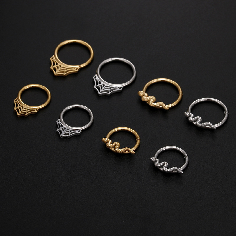 Nosni prsten s motivom paučine i zmije, nehrđajući čelik, ručna izrada, zatvoren prsten, unisex piercing nakit