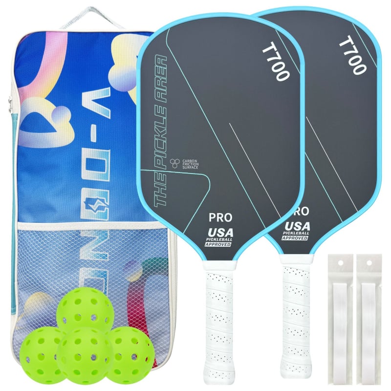Pickleball komplekts ar 2 raketēm, 4 bumbām un 2 malu aizsargiem; Materiāls: T700 oglekļa šķiedra; Svars: 225 g; Zīmols: Burning Wings