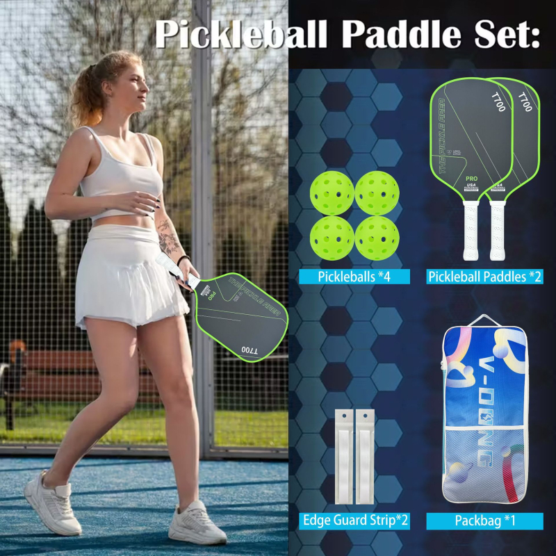Pickleball komplekts ar 2 raketēm, 4 bumbām un 2 malu aizsargiem; Materiāls: T700 oglekļa šķiedra; Svars: 225 g; Zīmols: Burning Wings