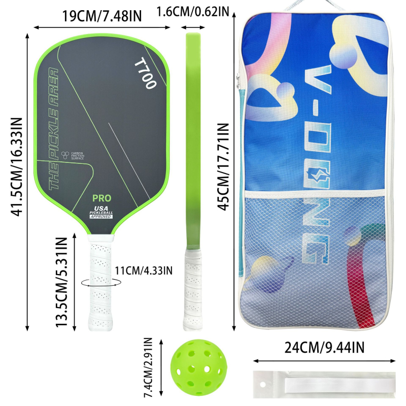 Pickleball komplekts ar 2 raketēm, 4 bumbām un 2 malu aizsargiem; Materiāls: T700 oglekļa šķiedra; Svars: 225 g; Zīmols: Burning Wings