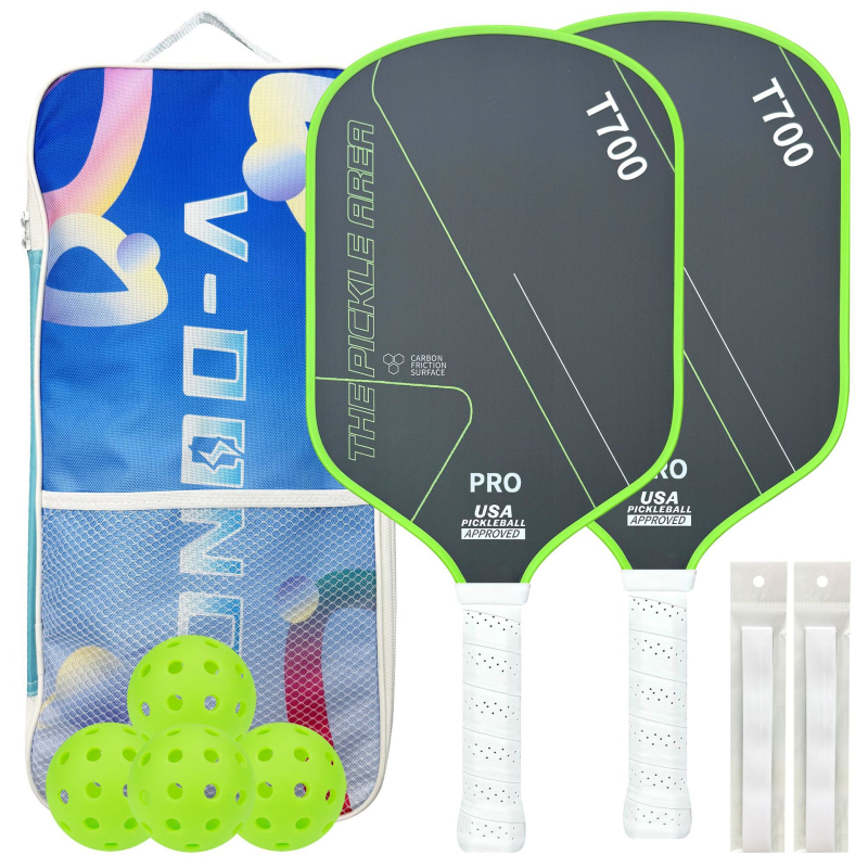 Pickleball komplekts ar 2 raketēm, 4 bumbām un 2 malu aizsargiem; Materiāls: T700 oglekļa šķiedra; Svars: 225 g; Zīmols: Burning Wings