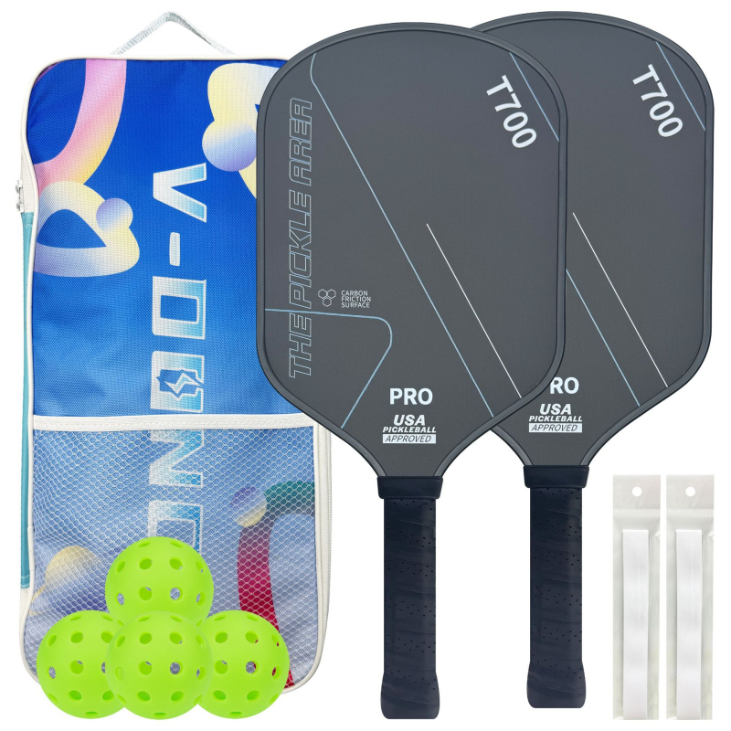 Pickleball komplekts ar 2 raketēm, 4 bumbām un 2 malu aizsargiem; Materiāls: T700 oglekļa šķiedra; Svars: 225 g; Zīmols: Burning Wings