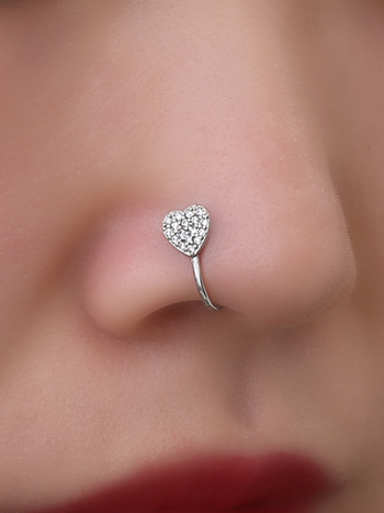 Nosni prsten, U-oblik, mali cvjetno-srcolni detalj, bakar sa cirkonima, elektroplatiniranje, unisex