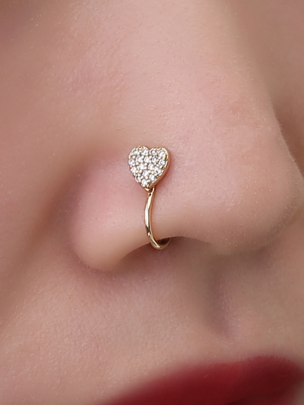 Nosni prsten, U-oblik, mali cvjetno-srcolni detalj, bakar sa cirkonima, elektroplatiniranje, unisex