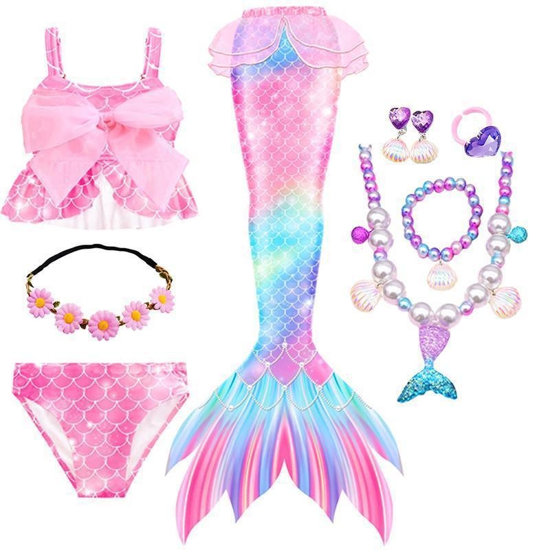 Costum de baie cu coadă de sirenă pentru fetițe, 6–8 ani, stil slip, țesătură nylon și Vinylon, căptușeală poliester