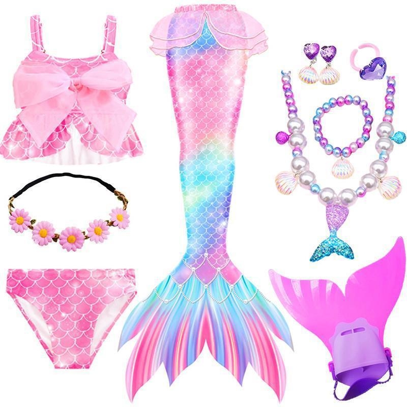 Costum de baie cu coadă de sirenă pentru fetițe, 6–8 ani, stil slip, țesătură nylon și Vinylon, căptușeală poliester