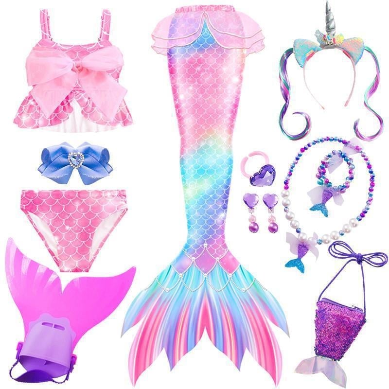 Costum de baie cu coadă de sirenă pentru fetițe, 6–8 ani, stil slip, țesătură nylon și Vinylon, căptușeală poliester